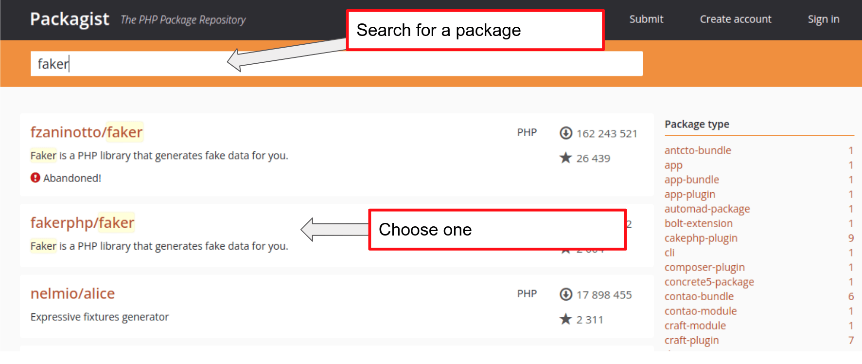 Search for a PHP package in the packagist.org website