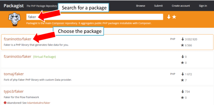 Search for a PHP package in the packagist.org website