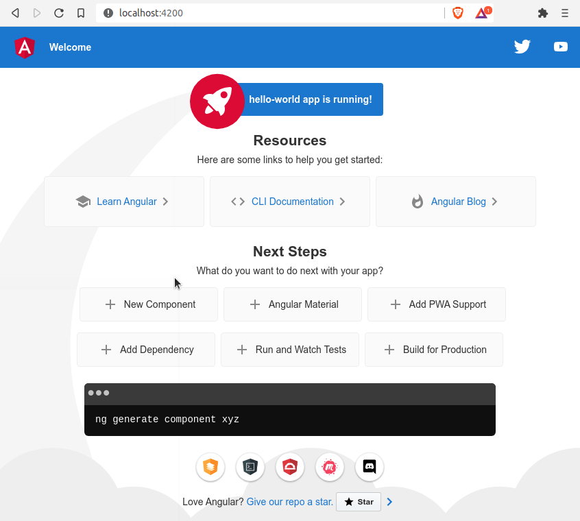 First look at the generic page that the Angular app created